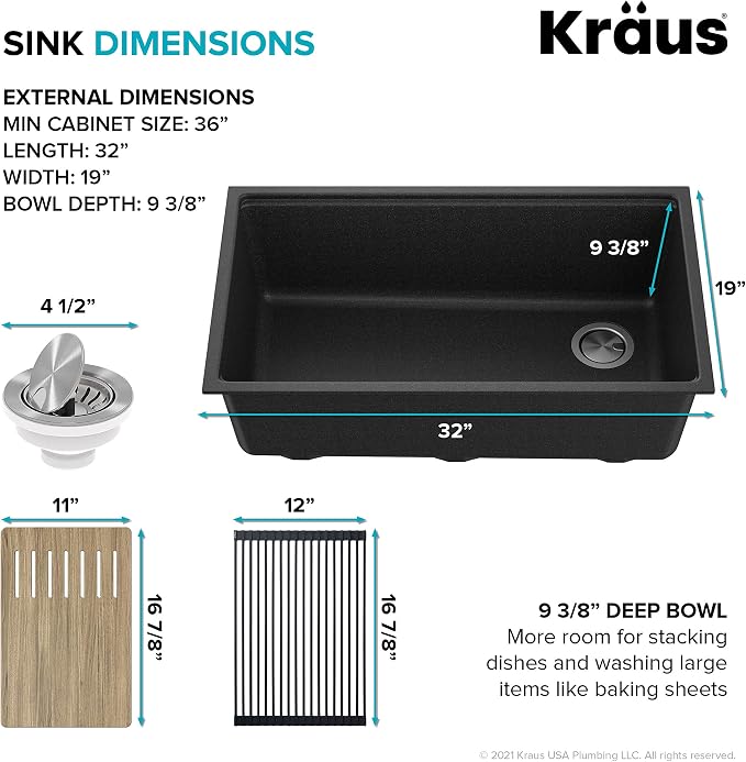 Kraus KGUW2-33MB-100-100, Bellucci Workstation 32 in. Undermount Granite - Image 3