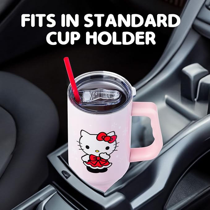 Silver Buffalo Sanrio Hello Kitty Christmas Holiday Dress and Matching Bow Snowflakes Double Walled Stainless Steel Tumbler with Handle and Straw, Fits in Standard Cup Holder, 40 Ounces - Image 6