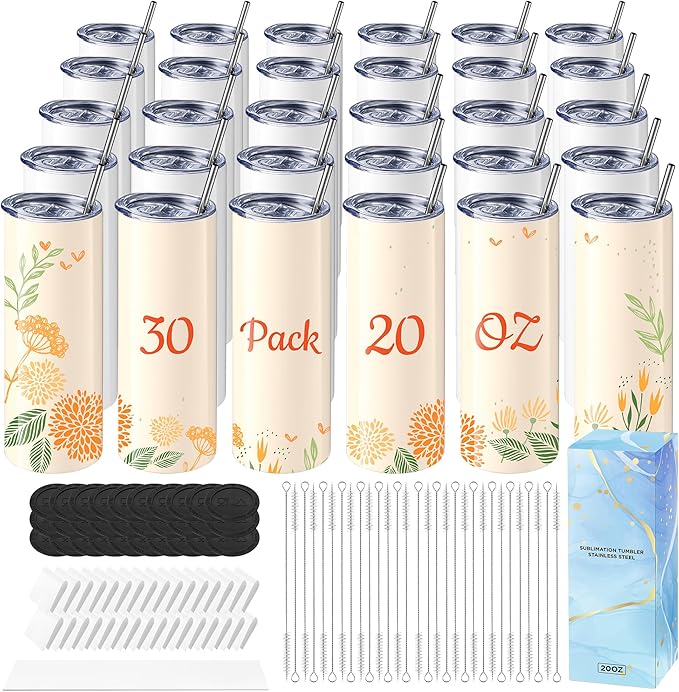 Hiipoo 30 Pack Sublimation Tumblers Blank 20 oz Straight Skinny with Sublimation Papers, Lids and Straws, Shrink Wrap Films, Stainless Steel Double Wall Insulated Tumbler for Mug Press Machine by Hiipoo