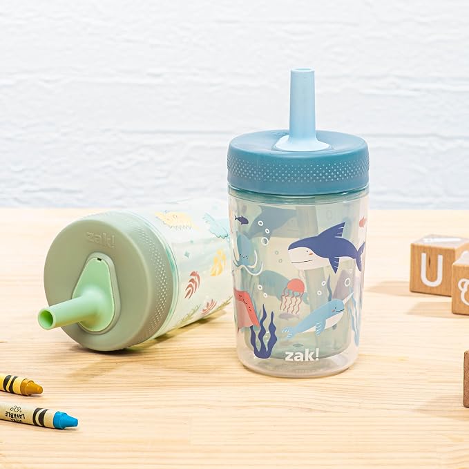 Zak Designs Capri Toddler Tumblers For Travel or At Home, 9oz 2-Pack Double Wall Plastic Sippy Cups With Leak-Proof Design is Perfect For Kids (Dino Buddies, Bubble Bay) - Image 2