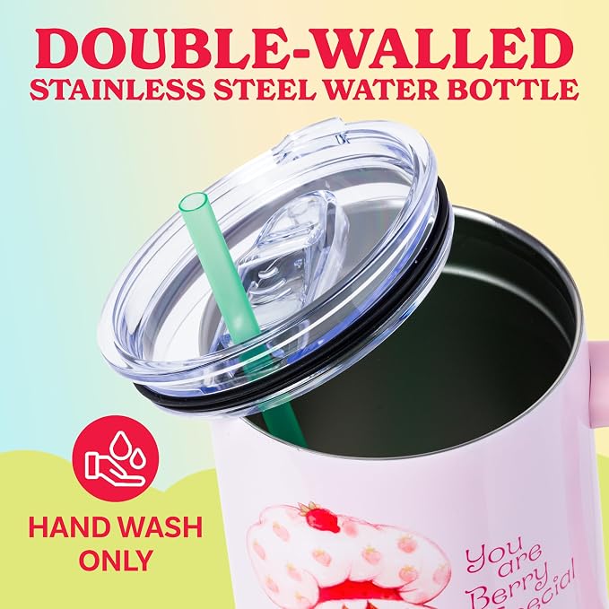 Silver Buffalo Strawberry Shortcake You Are Berry Special Vintage Pink and Green Ombre Double Walled Stainless Steel Tumbler with Handle and Straw, Fits in Standard Cup Holder, 40 Ounces - Image 4