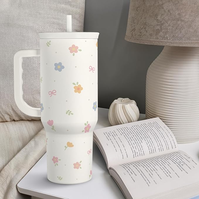 Floral 40oz Slider Tumbler with Handle and Straw - Insulated Stainless Steel Travel Coffee Mug for Women Girls, Gift for Birthday Christmas - Image 7