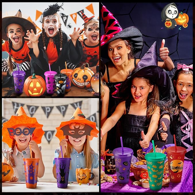 Honeydak 40 Pcs 24oz Halloween Tumblers Bulk Halloween Plastic Cups with Lids Reusable Water Bottle Iced Coffee Travel Mug Cup for Party Holiday Birthdays Goodie Bags Supplies - Image 6