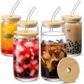 [ 6pcs Set ] Glass Cups with Bamboo Lids and Glass Straw - Beer Shaped Drinking Glasses, 16 oz Iced Coffee Glasses, Cute Tumbler Cup for Smoothie, Boba Tea, Whiskey, Water - 2 Cleaning Brushes by VITEVER