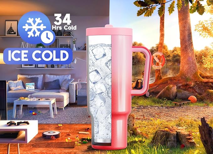 Meoky 40 oz Tumbler with Handle and Flip Straw, 100% Leakproof Tumbler with Lid and Straw, Stainless Steel Insulated Cup, Cupholder Friendly, Keeps Cold for 34 Hours (Flamingo) - Image 2