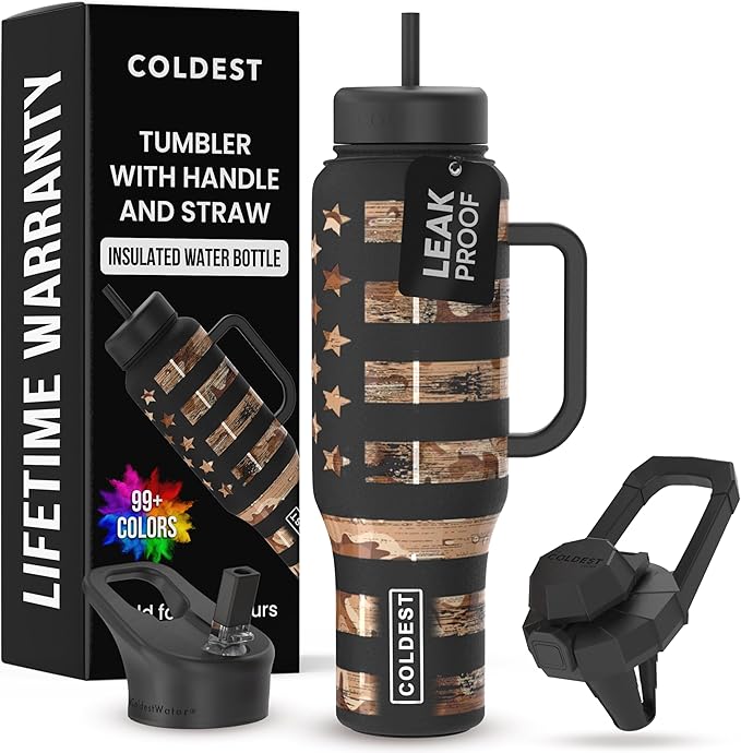 Coldest Tumbler with Handle and Straw, 100% Leak Proof Insulated Tumbler with Lid and Straw (3 Lids), Stainless Steel Tumblers for Women & Men, Cup Holder Friendly, 46 oz (Camouflage Flag) by Coldest