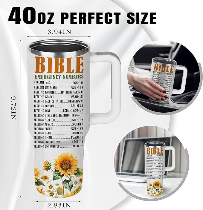 Sunflower Christian Gifts for Women, 40 oz Bible Emergency Numbers Tumbler with Lid and Straw, Inspirational Religious Birthday Gifts for You are Cup Christian - Image 7