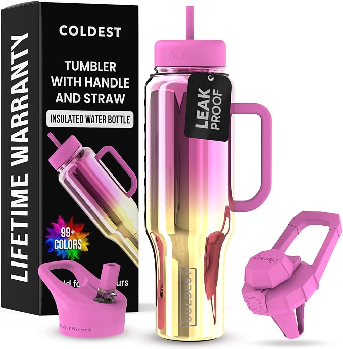 Coldest Tumbler with Handle and Straw - 100% Spill Proof Tumbler with Straw (3 Lids) - Stainless Steel Insulated Leakproof Tumblers for Women & Men - Cup Holder Friendly - 46 oz (SunTan Nova) by Coldest