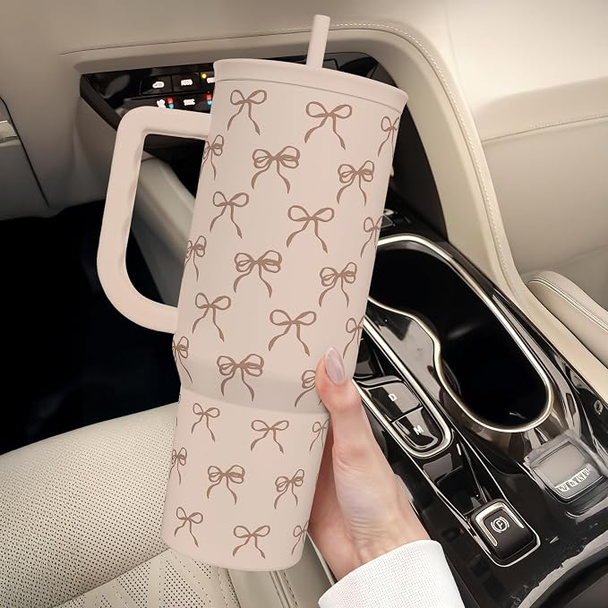 Bow Tumbler with Handle and Straw 40oz – Stainless Sleel Slider Tumbler Travel Coffee Mug for Women - Gift Idea for Birthday Christmas - Image 8