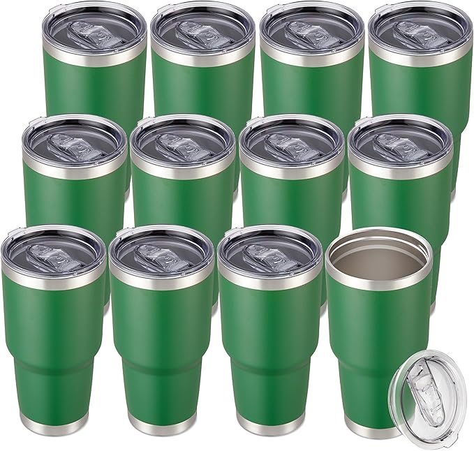 30 oz Tumbler with Lid Stainless Steel Tumblers Bulk Vacuum Insulated Cup Reusable Powder Coated Travel Mug Double Wall Leak Proof Cups Keep Cold Drinks for 12 Hours Dark Green, Set of 12 by CoolYoleb