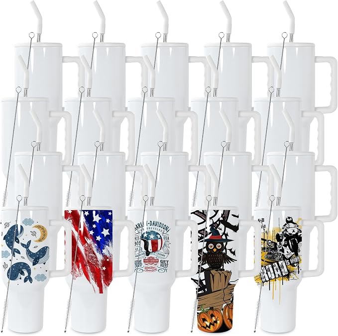 sweet grain 40 oz Sublimation Tumbler with Handle and Straw(20 Pack) Stainless Steel Double Wall Vacuum Insulated Travel Mug Cup Tumblers Bulk Sublimation Blank - White by sweetgrain