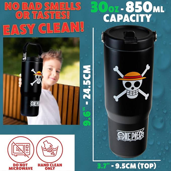 Get Trend One Piece Tumbler with Straw 30oz Kids Teens Insulated Cup with Lid Handle Travel Mug Cups with Lids for School Sports Anime Gifts for Kids (Black One Piece) - Image 6