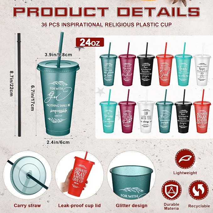 Havawish 36 Pcs Mothers Day Christian Tumbler Gift Bulk Religious Inspirational 24 oz Drinking Jesus Cup with Lid Straw Bible Verse Plastic Cup for Church Father Teacher First Communion (Joyous Color) - Image 2