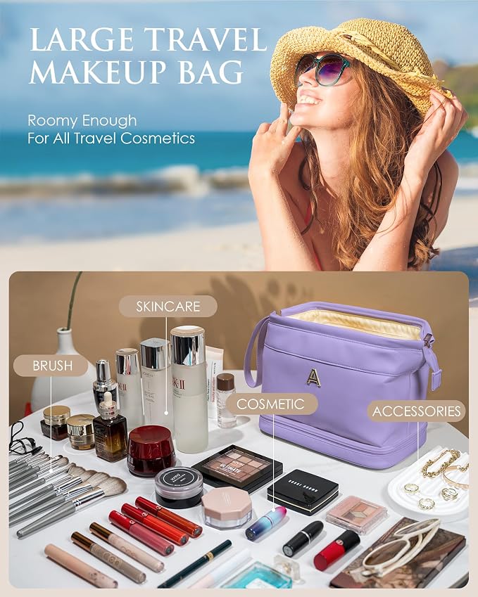 Gifts for Her: Initial Large Makeup Bags, Personalized Double Layer Cosmetic - Image 2