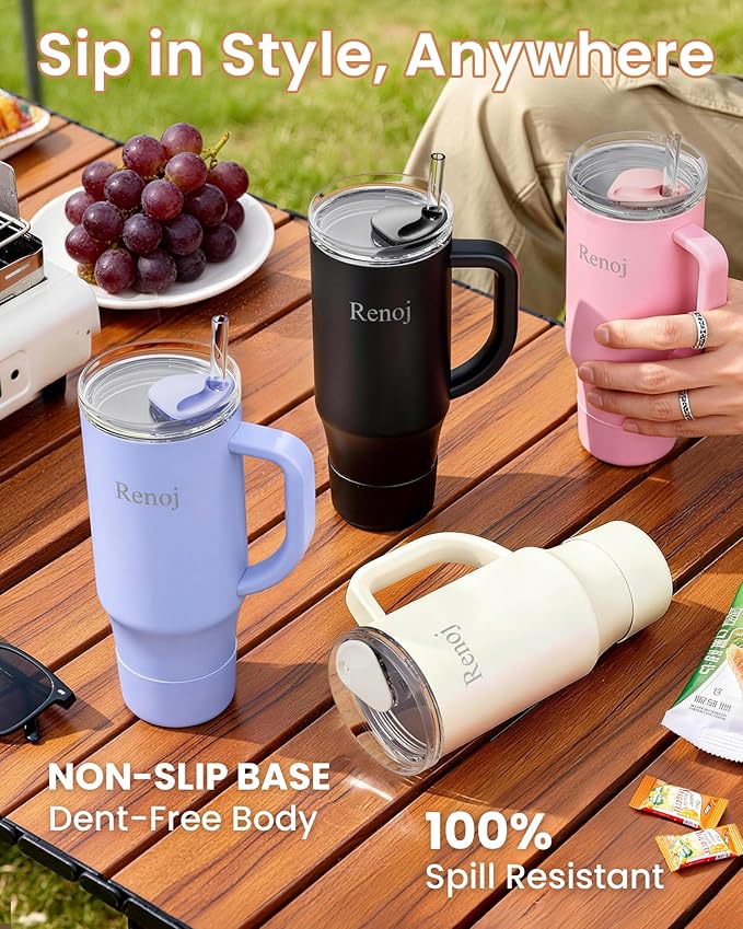Renoj Insulated Mug 100% Spill Resistant Insulated Water Bottle for Iced Coffee & Hot Drinks - Fits Car Cup Holder, Ideal Gift, 2 Straws & Silicone Boot - FlexSlide White 40 oz - Image 7