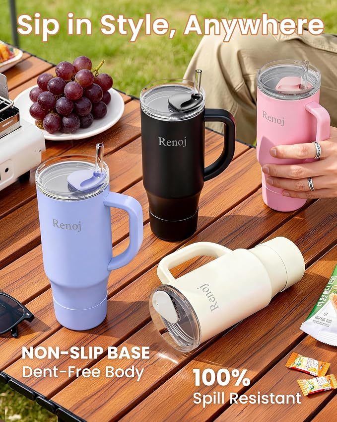 Renoj Insulated Mug 100% Spill Resistant Insulated Water Bottle for Iced Coffee & Hot Drinks - Fits Car Cup Holder, Ideal Gift, 2 Straws & Silicone Boot - FlexSlide Blue 40 oz - Image 7