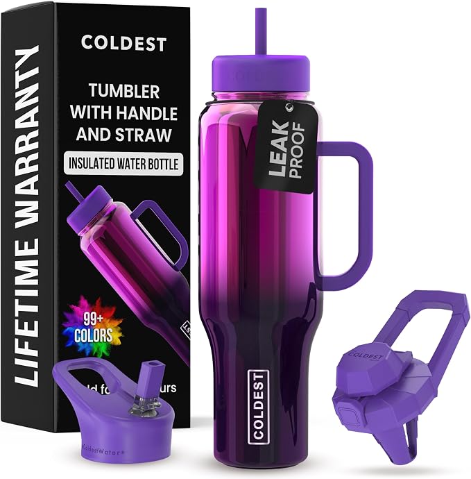 Coldest Tumbler with Handle and Straw - 100% Spill Proof Tumbler with Straw (3 Lids) - Stainless Steel Insulated Leakproof Tumblers for Women & Men - Cup Holder Friendly - 46 oz (Purple Nova) by Coldest