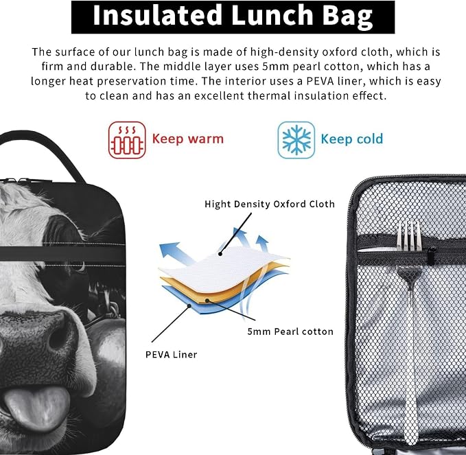 Cow Insulated Lunch Box for Women Men Cow Lunch Bag for Travel, or Fishing - Image 5