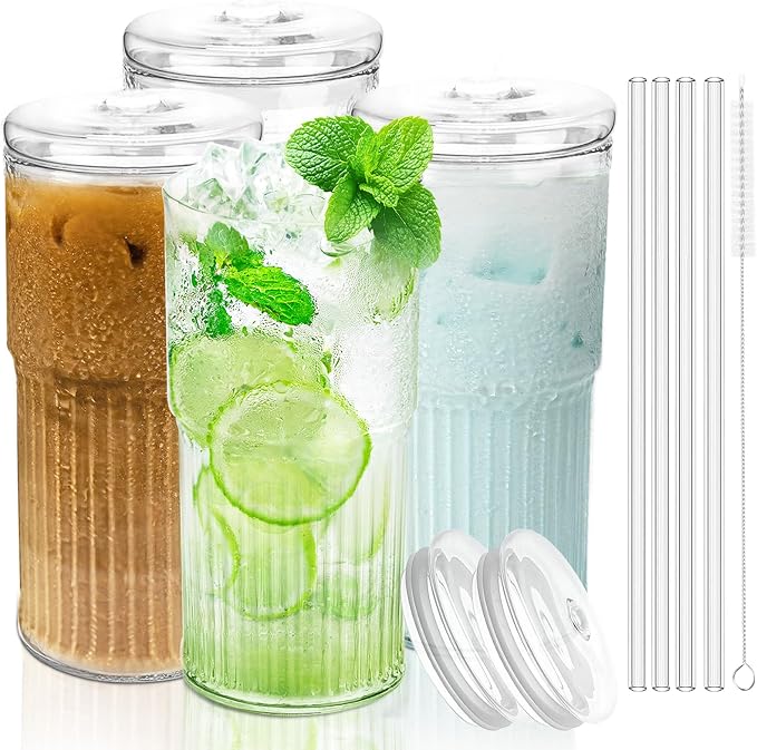 Luiaiog Glass Cups with Lids and Glass Straws, High Borosilicate 20OZ Tumblers (4Pcs) for Coffee, Tea, Juice, Smoothies, Hot/Cold Drinks at Home, Office by Luiaiog
