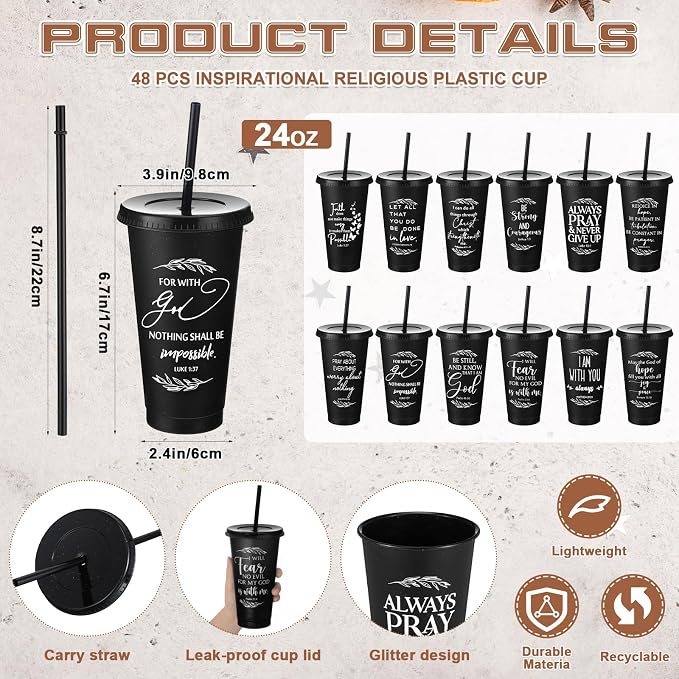 Havawish 48 Pcs Mothers Day Christian Tumbler Gift Bulk Religious Inspirational 24 oz Drinking Jesus Cup with Lid Straw Bible Verse Plastic Cup for Church Father Teacher First Communion (Black) - Image 2