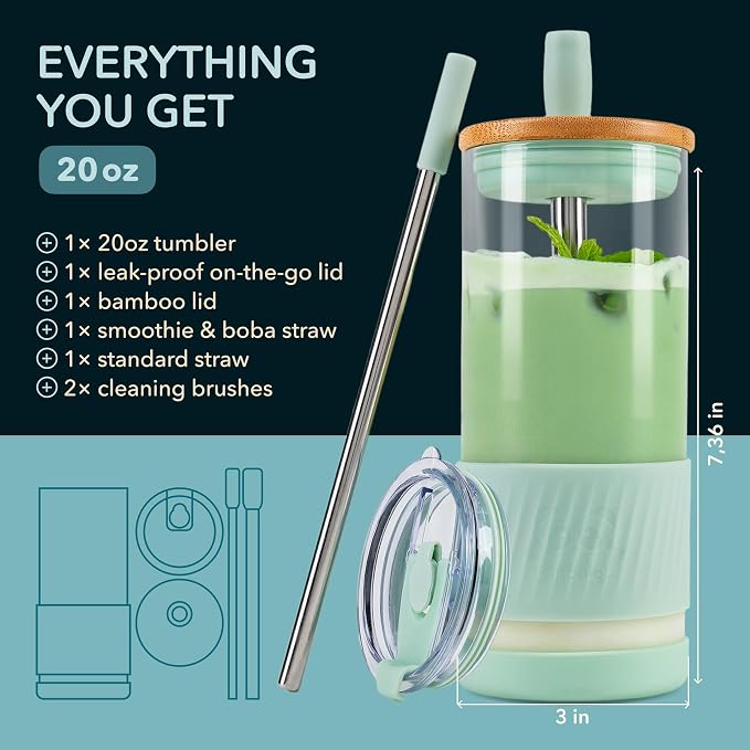 Pandaloo® Glass Cups With Lids and Straws -20 Fl Oz- Perfect Size Iced Coffee Cup - Smoothie Cup With Bamboo Lid and On the go Lid (Sweet Sage, 1 Count (Pack of 1) - Image 2