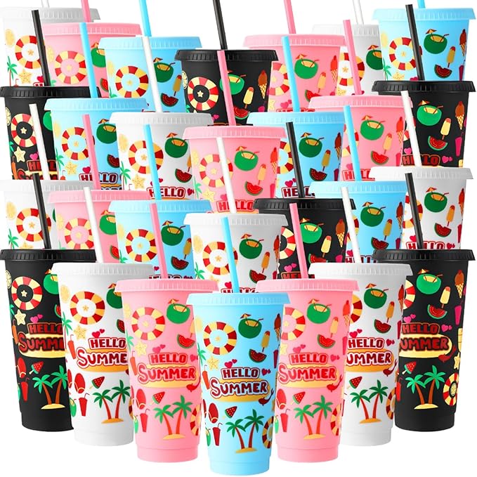 Honeydak 40 Pcs 24 OZ Tumbler with Straw and Lid Gifts Reusable Plastic Cups Bulk Water Bottle Iced Coffee Travel Mug Cup for Parties Birthdays (Hello Summer) by Honeydak