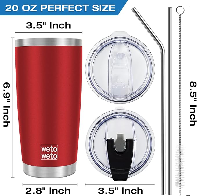 WETOWETO 20oz Tumbler with 2 lids and 2 straws, Stainless Steel Vacuum Insulated Water Coffee Tumbler Cup, Double Wall Powder Coated Leak-proof Travel Mug (Red, 1 Pack) - Image 3