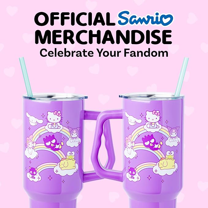 Silver Buffalo Sanrio Hello Kitty and Friends Featuring My Melody, Cinnamoroll, Kuromi, Chococat, Badtz-Maru, Keroppi, and Pompompurin Double Walled Stainless Steel Tumbler with Handle, 40 Ounces - Image 5