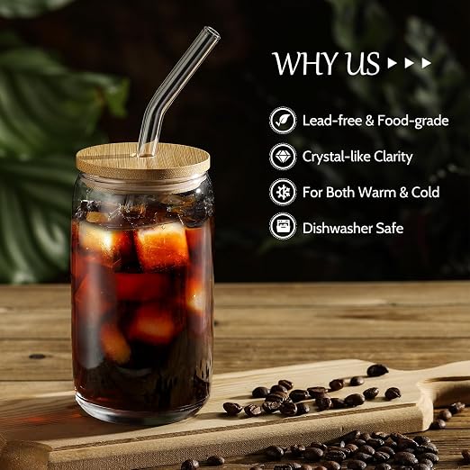 [ 6pcs Set ] Glass Cups with Bamboo Lids and Glass Straw - Beer Shaped Drinking Glasses, 16 oz Iced Coffee Glasses, Cute Tumbler Cup for Smoothie, Boba Tea, Whiskey, Water - 2 Cleaning Brushes - Image 3