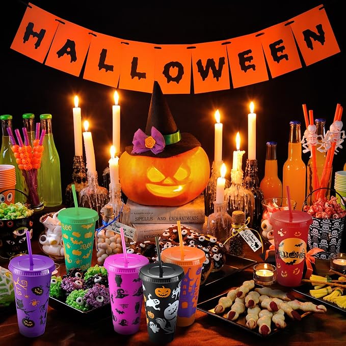 Honeydak 40 Pcs 24oz Halloween Tumblers Bulk Halloween Plastic Cups with Lids Reusable Water Bottle Iced Coffee Travel Mug Cup for Party Holiday Birthdays Goodie Bags Supplies - Image 3