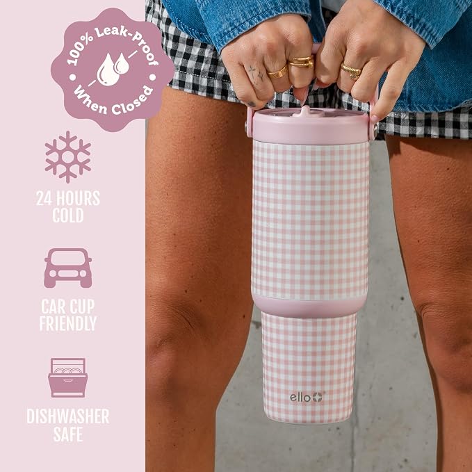Ello Oasis Go+ 26oz Tumbler with Top Handle and Retracting Straw | Reusable Insulated Stainless Steel Cup, 100% Leakproof Water Bottle, 24 Hours Cold, Cup Holder Friendly For Travel | Pink Gingham - Image 4