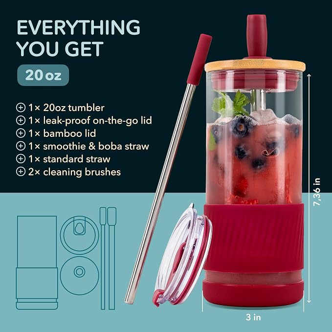 Pandaloo® Glass Cups With Lids and Straws -20 Fl Oz- Perfect Size Iced Coffee Cup - Smoothie Cup With Bamboo Lid and On the go Lid - Glass Tumbler With Straw (1 Count (Pack of 1), Boysenberry) - Image 2