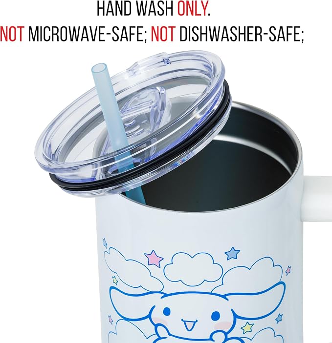 Silver Buffalo Sanrio Hello Kitty and Friends Featuring Cinnamoroll in Stars and Clouds Double Walled Stainless Steel Tumbler with Handle and Straw, Fits in Standard Cup Holder, 40 Ounces - Image 4