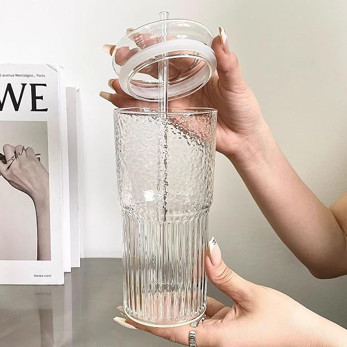 20oz Glass Cups With Glass Lids and Straws, High Borosilicate Iced Coffee Cups, Reusable Glass Tumblers for Coffee, Tea, Juice, Smoothies, Hot/Cold Drinks at Home, Office - 4 Packs - Image 8