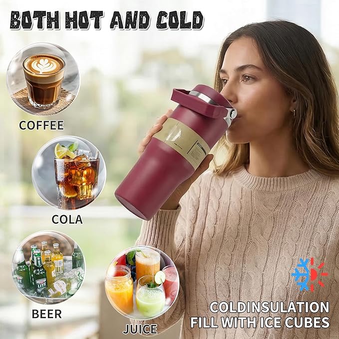 30oz Flip Straw Insulated Water Bottle with Handle, Leak Proof Stainless Steel Travel Tumbler With Lid, Double Wall Vacuum Iced Coffee Travel Mug, Sport Cup, Outside use - Image 6