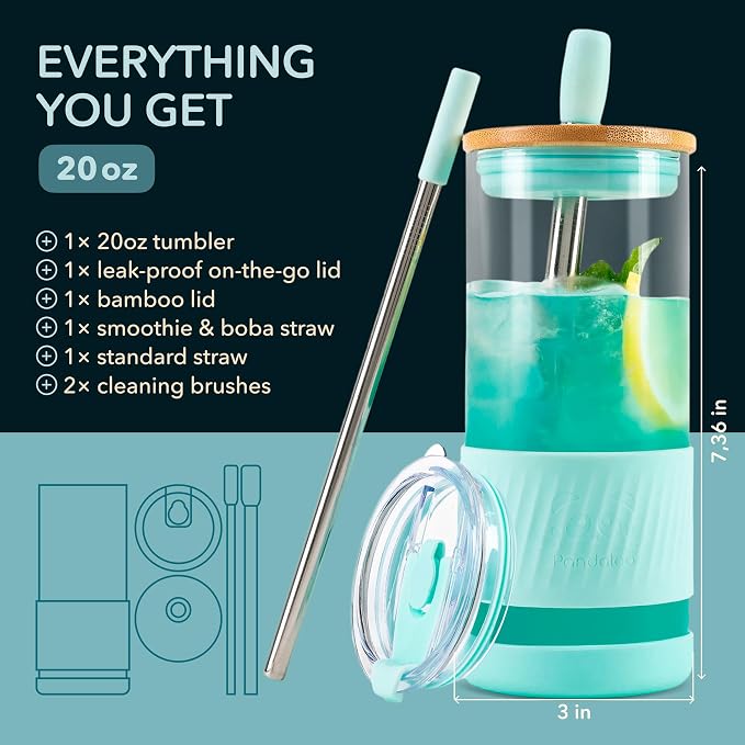 Pandaloo® Glass Cups With Lids and Straws -20 Fl Oz- Perfect Size Iced Coffee Cup - Smoothie Cup With Bamboo Lid and On the go Lid - Glass Tumbler With Straw (1 Count (Pack of 1), Carribean Blue) - Image 2
