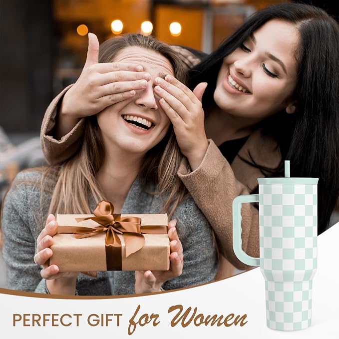 Checkered Tumbler with Handle 40oz, Mint Checker Cup Stainless Steel Insulated Tumblers Coffee Travel Mug Cups with Straw, Gifts for Women Girls Teen Birthday Christmas - Image 8
