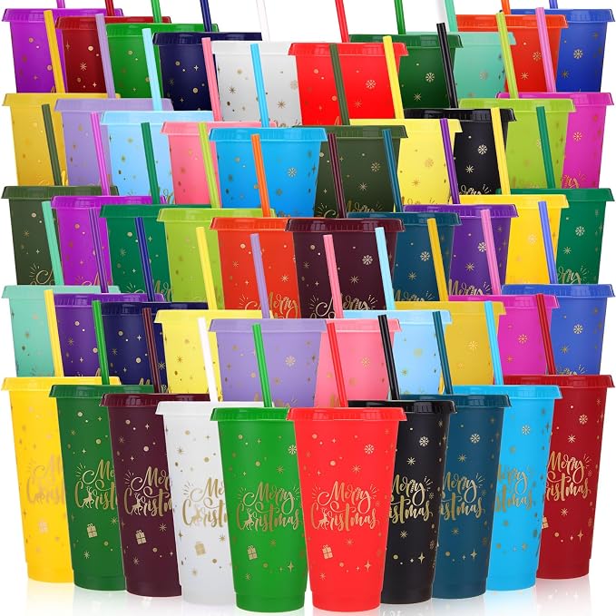 Honeydak 50 Pcs 24oz Christmas Cup Tumbler with Straw and Lid, Bulk Christmas Gifts, Holiday Reusable Plastic Cups, Water Bottle, Iced Coffee Travel Mug Cup for Party by Honeydak