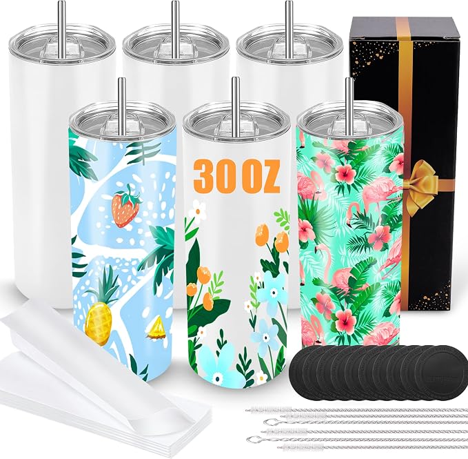 Joyclub Sublimation Tumblers 30 OZ Blank Tumblers for Sublimation Skinny Bulk Double Wall Insulated Cups with Individually Gift Boxed and Shrink Wrap Films for Heat Transfer 6 Pack by Joyclub