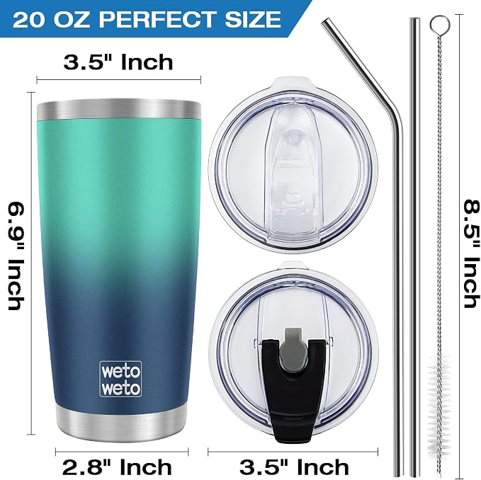 WETOWETO 20oz Insulated Stainless Steel Tumbler, Coffee Tumbler with 2 lids and 2 straws, Double Wall Vacuum Travel Coffee Mug, Powder Coated Leak-Proof Tumbler Cup (Green-Blue Gradient,1 Pack) - Image 3
