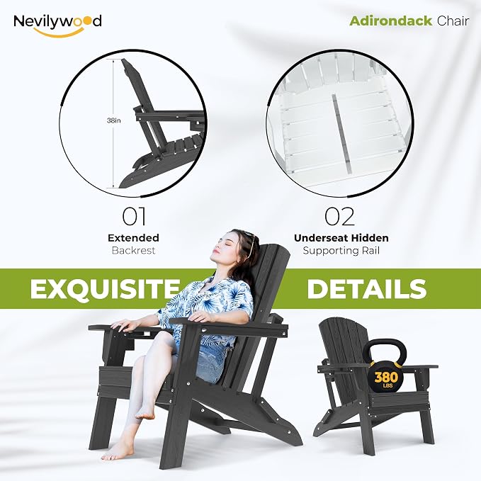 Folding Adirondack Chair, Ergonomic Extended Backrest, HDPE All-Weather - Image 7