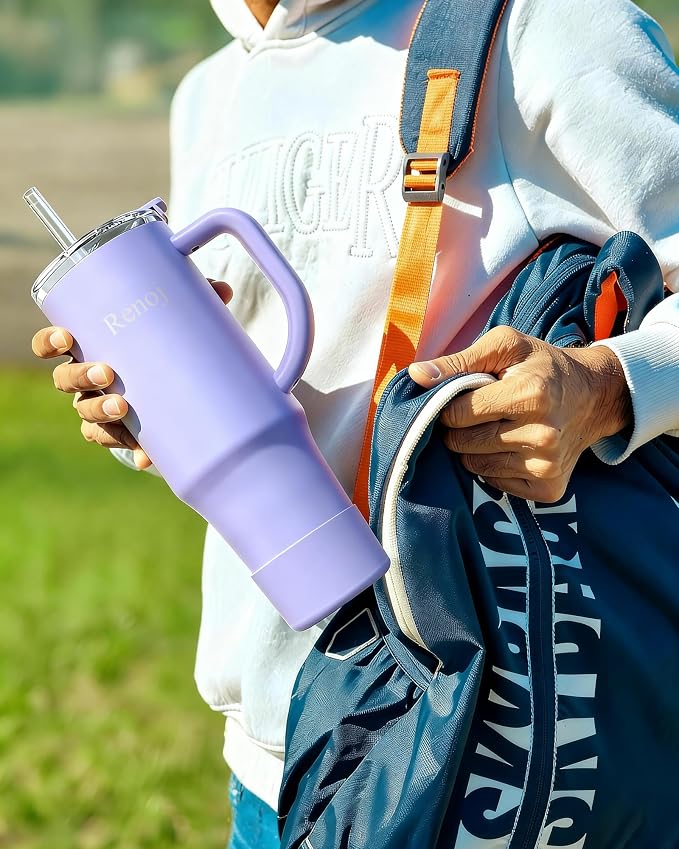 Renoj Insulated Mug 100% Leak Proof Insulated Water Bottle for Iced Coffee & Hot Drinks - Fits Car Cup Holder, Ideal Gift, 2 Straws & Silicone Boot - SnapShift Blue 32 oz - Image 3