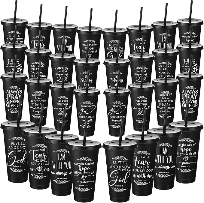 Havawish 48 Pcs Mothers Day Christian Tumbler Gift Bulk Religious Inspirational 24 oz Drinking Jesus Cup with Lid Straw Bible Verse Plastic Cup for Church Father Teacher First Communion (Black) by Havawish