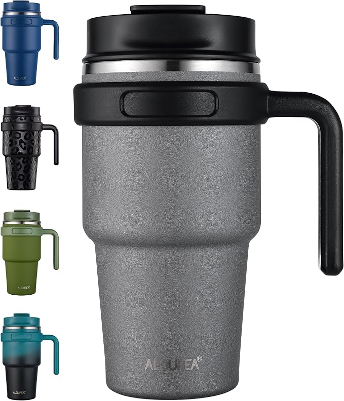ALOUFEA 20 oz Insulated Coffee Mug Tumbler with Handle, Stainless Steel Travel Mug Tumbler with Lid and Straw, Double Wall Vacuum Leak Proof Ice Coffee Thermal Cup, Gray by ALOUFEA