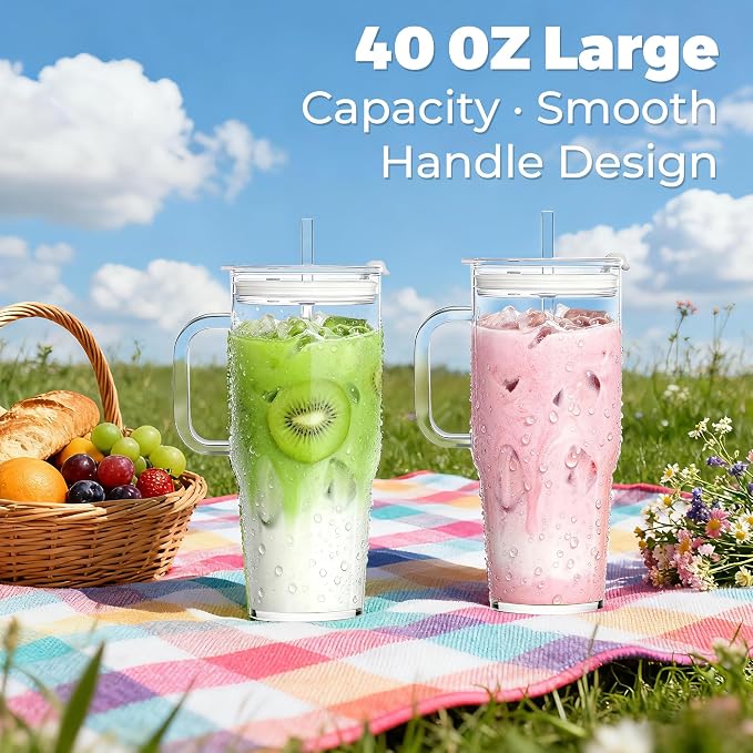 2Pack 40OZ Glass Tumbler with Handle,Glass Cup with Lid and Straw,Reusable Glass Iced Coffee Cup for Beer, Smoothies, Juice,Hot/Cold Drinks-Suitable for Birthday,Wedding,Christmas Gifts - Image 4
