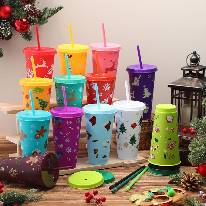 Honeydak 30 Pcs 24 oz Christmas Cups Gifts Bulk Christmas Tumbler with Straw and Lid Elk Xmas Reusable Plastic Coffee Cup Winter Water Bottle Iced Travel Mug for Holiday Party Birthdays - Image 3