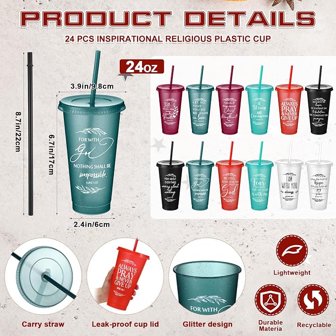 Havawish 24 Pcs Mothers Day Christian Tumbler Gift Bulk Religious Inspirational 24 oz Drinking Jesus Cup with Lid Straw Bible Verse Plastic Cup for Church Father Teacher First Communion (Joyous Color) - Image 2