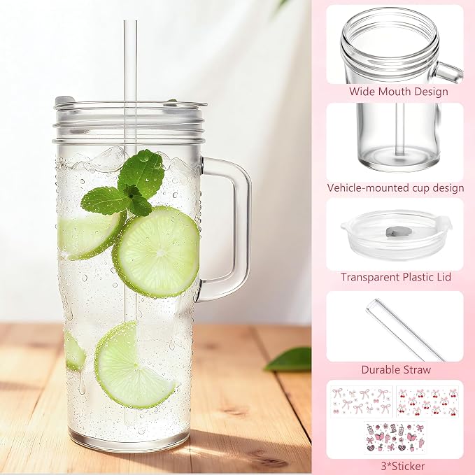 Birity 24oz Pink Bow Glass Cups with Lids and Straws,2 Set Glass Tumbler with Handle,Galss Cup with Stickers and Aesthetic Iced Coffee Cup for Smoothies,Tea,Juice,Boba,Christmas Gifts for Women - Image 4