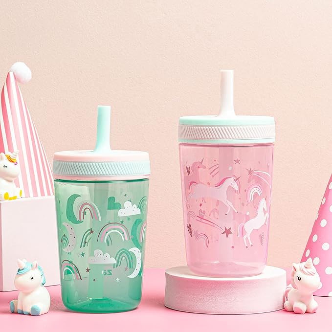 Zak Designs Kelso Toddler Cups For Travel or At Home, 15oz 2-Pack Durable Plastic Sippy Cups With Leak-Proof Design is Perfect For Kids (Fanciful Unicorn, Happy Skies) - Image 2