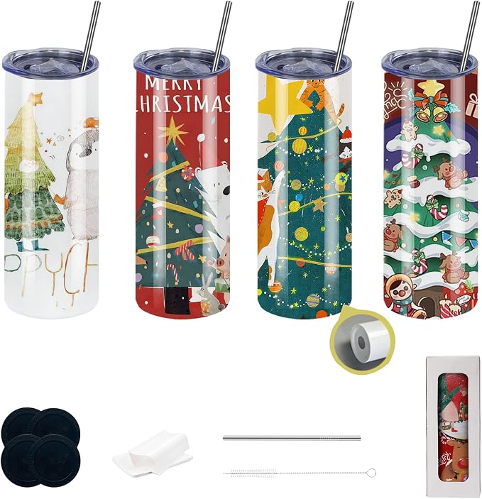 4pack 20oz flat edge sublimation tumblers ，White skinny insulated Sublimation tumbler Straight Cups with Individual Gift Box, Silicone Bottom Polymer Coating for Heat Transfer （4pack 20oz） by Unknown